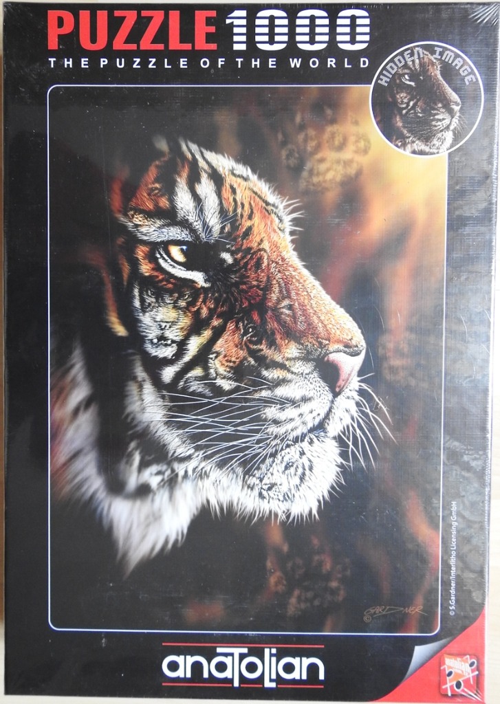 Portrait of a tiger with a hidden face integrated into its fur markings, rendered in warm, dramatic tones.
