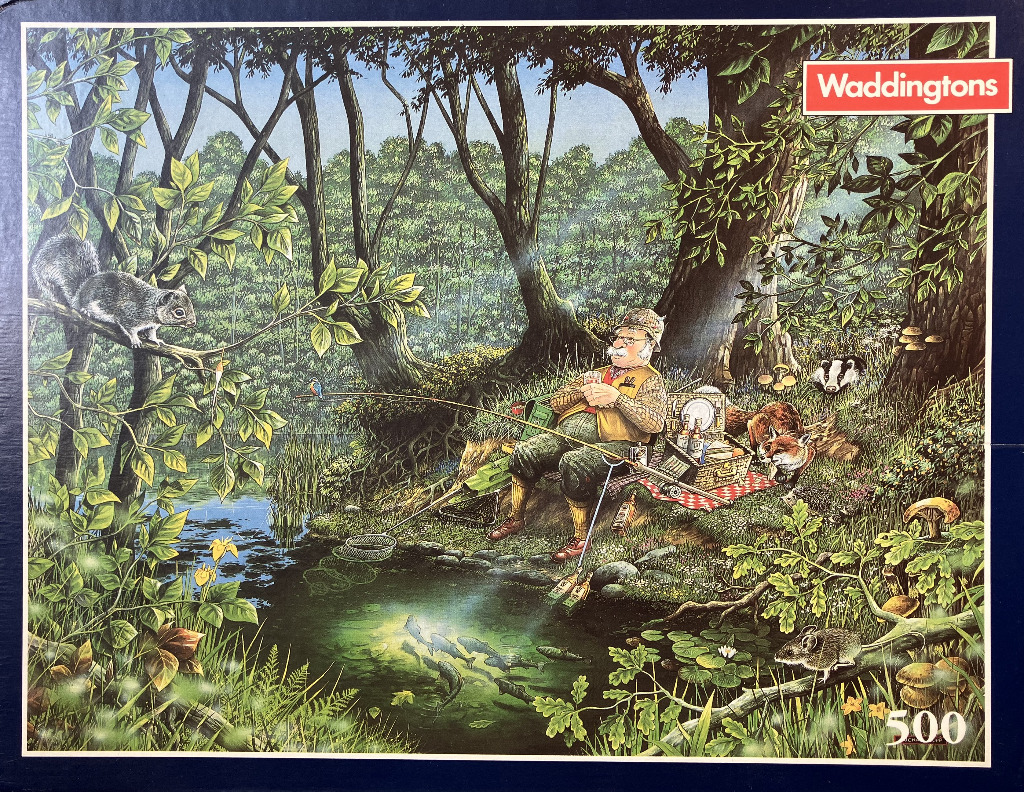 Illustration of an elderly fisherman relaxing by a forest stream surrounded by woodland animals.