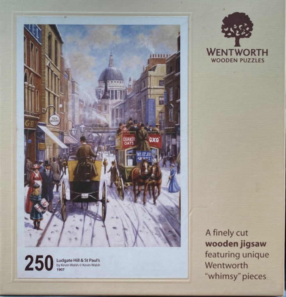 An illustration of a snowy 1907 London street scene featuring horse-drawn carriages and St. Paul