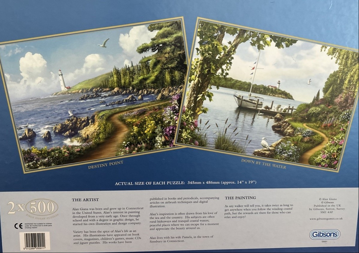 Two side-by-side coastal landscape paintings featuring lighthouses and winding paths near the water.