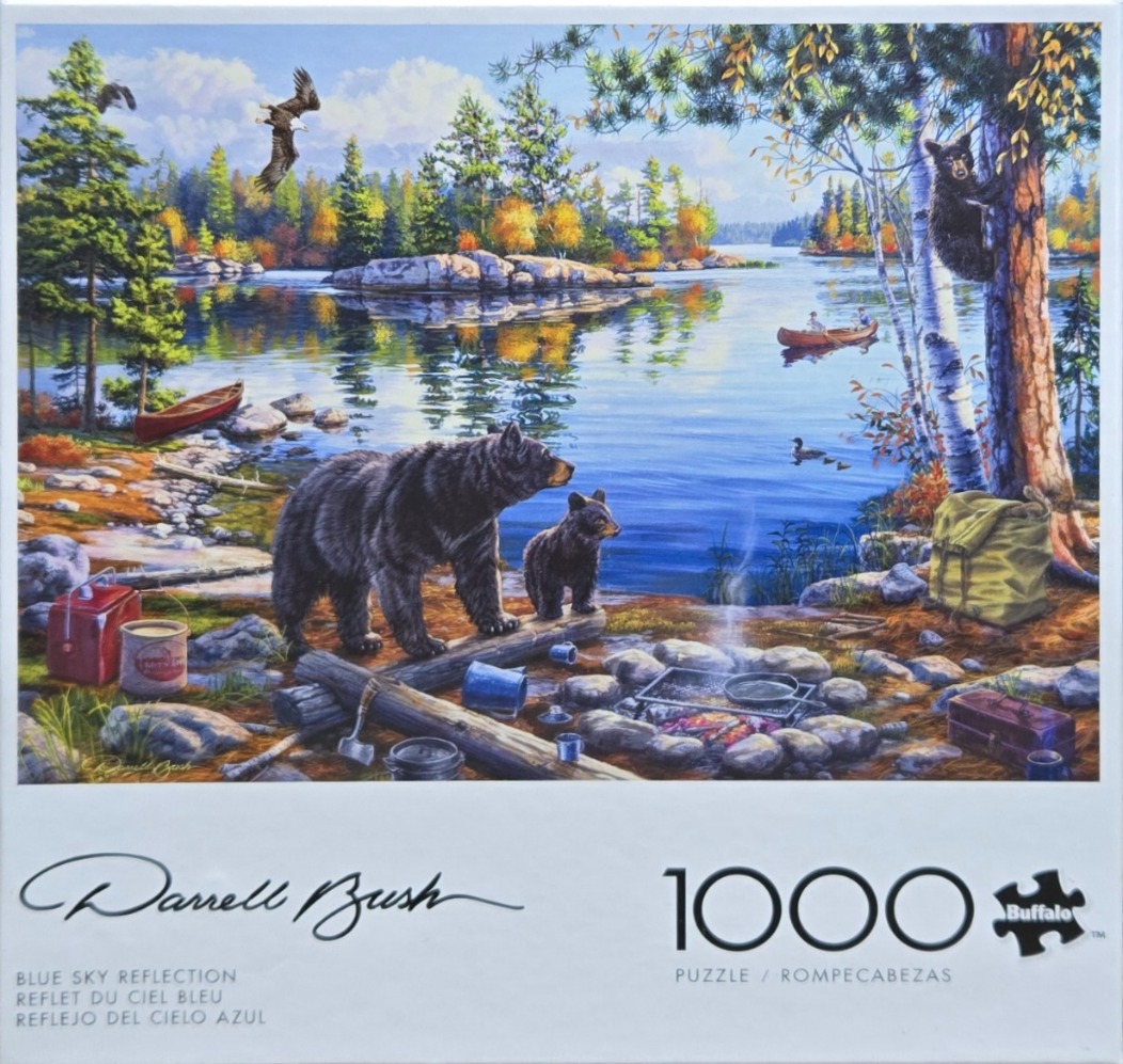 A detailed painting of bears, a campfire, and a lake with a canoe in a vibrant autumn forest setting.
