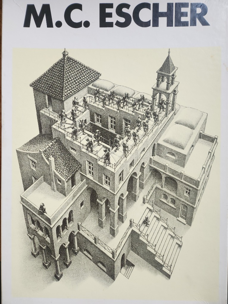 A black and white lithograph depicting an impossible architectural structure with figures ascending and descending stairs.