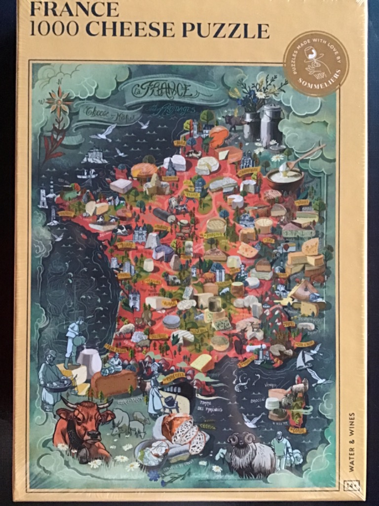 Illustrated map of France featuring various regional cheeses, farm animals, and scenic elements in a rustic folk art style.