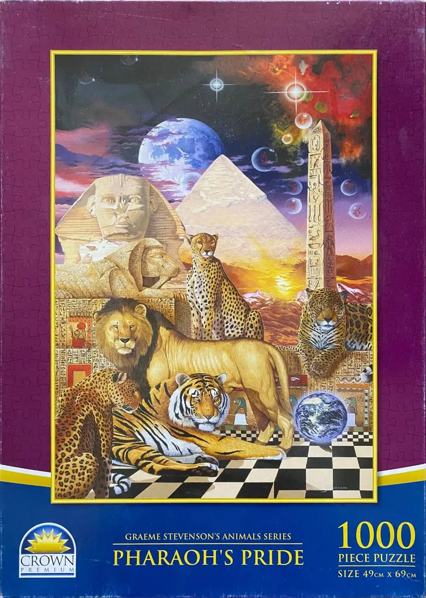 A surreal fantasy scene featuring large cats, Egyptian monuments, and outer space.