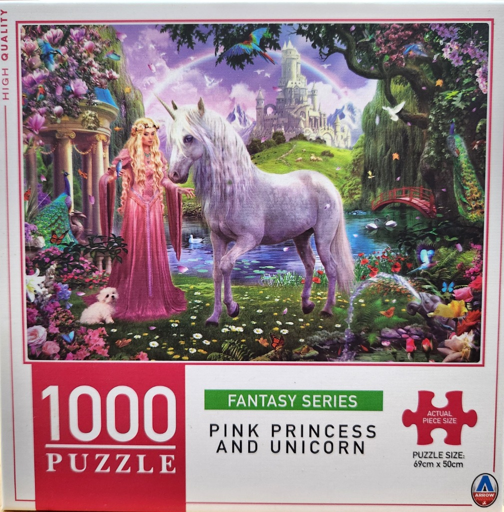 A fantasy illustration of a blonde princess in a pink gown standing with a white unicorn in a lush, magical garden.