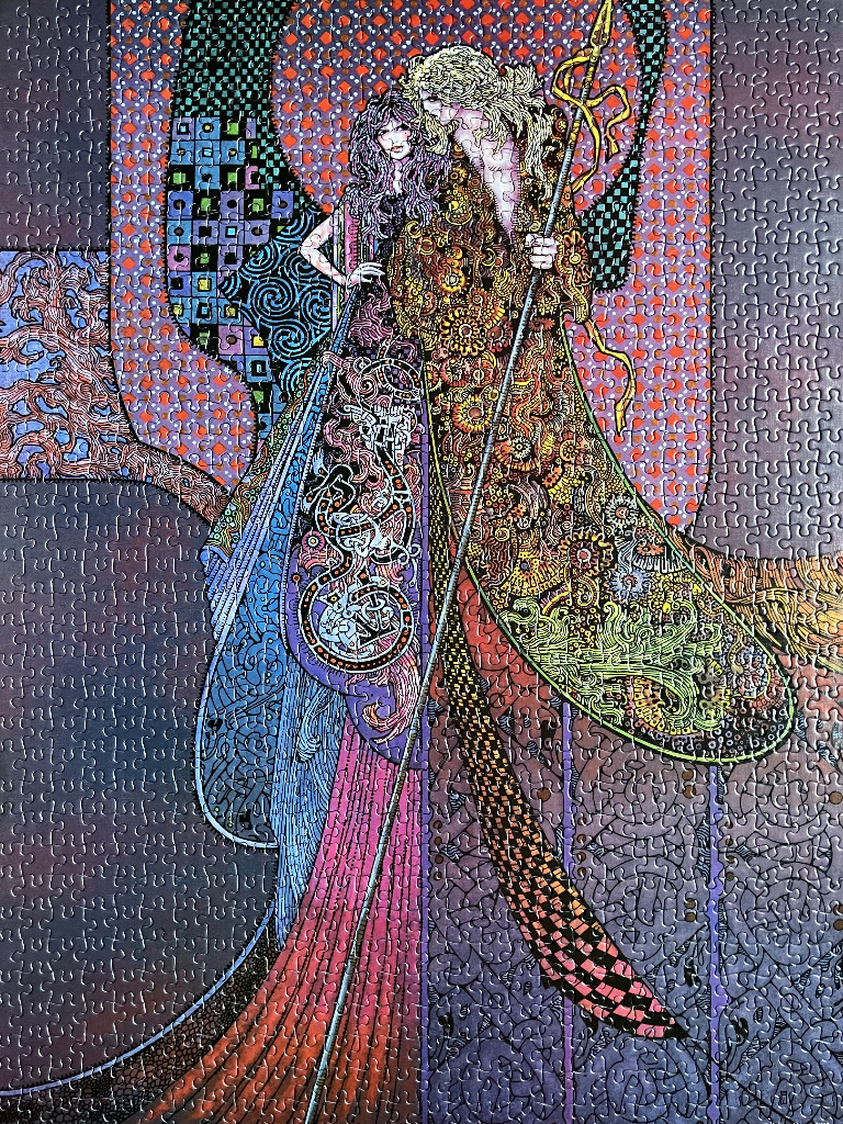 An intricate, Art Nouveau-style illustration of two ethereal figures standing together, adorned in ornate, patterned robes.