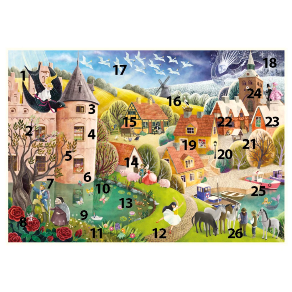 Whimsical illustration of a fairytale village with diverse characters and black numbered countdown markers.