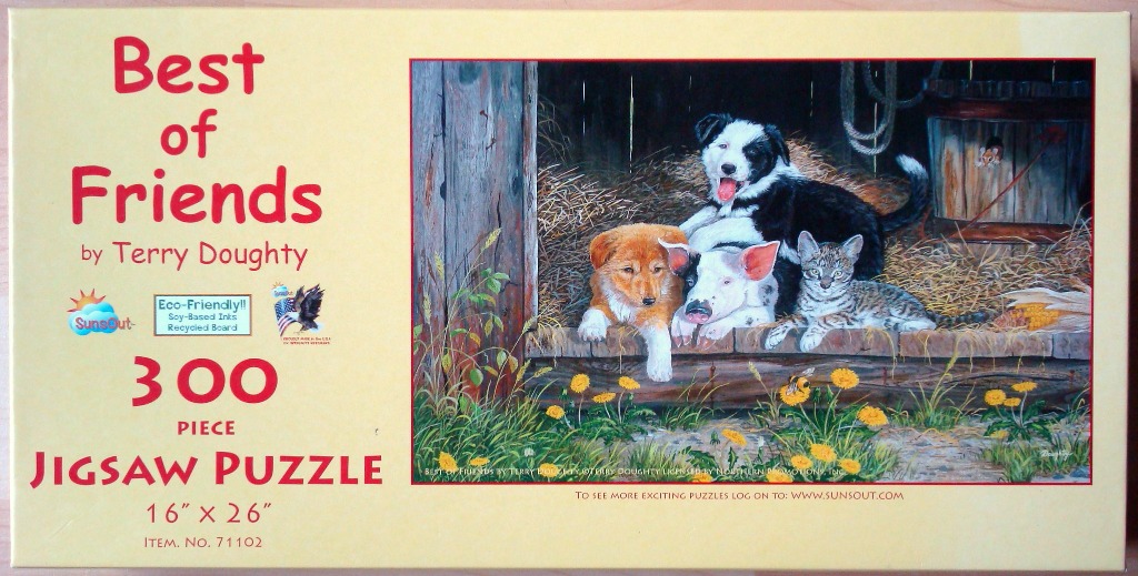 A painting of a black and white dog, a golden puppy, a piglet, and a tabby kitten sitting together in a barn.