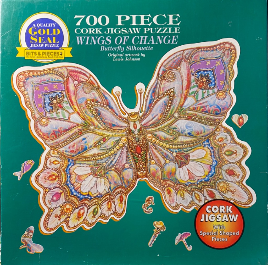 Intricate, colorful illustration of a butterfly with ornate, jewel-toned patterns on a teal background.