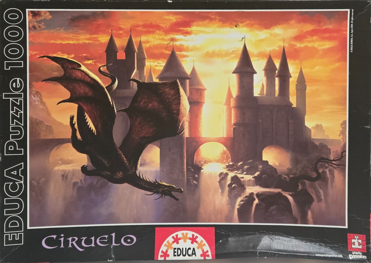 A fantasy illustration of a large dark dragon flying in front of a majestic castle at sunset.