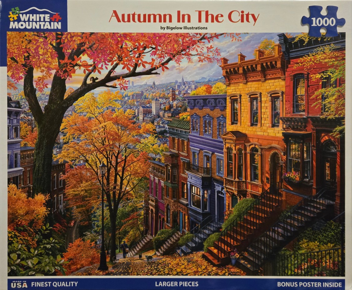 An illustration of a city street lined with colorful brownstone buildings surrounded by autumn trees at sunset.