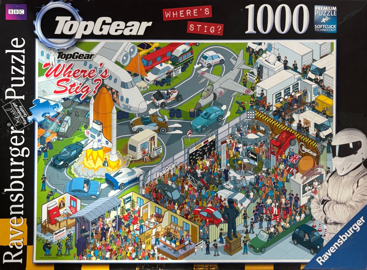 Busy cartoon scene featuring cars, aircraft, crowds, and a hidden driver character in white racing gear.