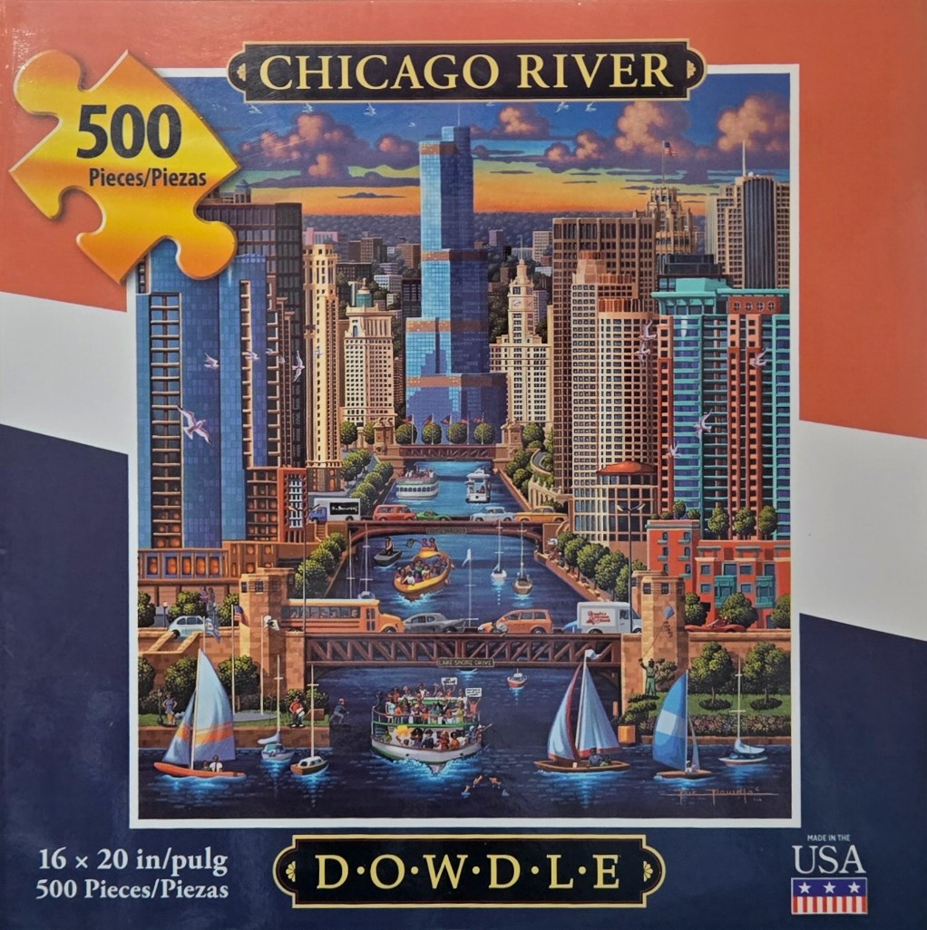 An illustration of the Chicago River flowing through the city skyline at sunset.