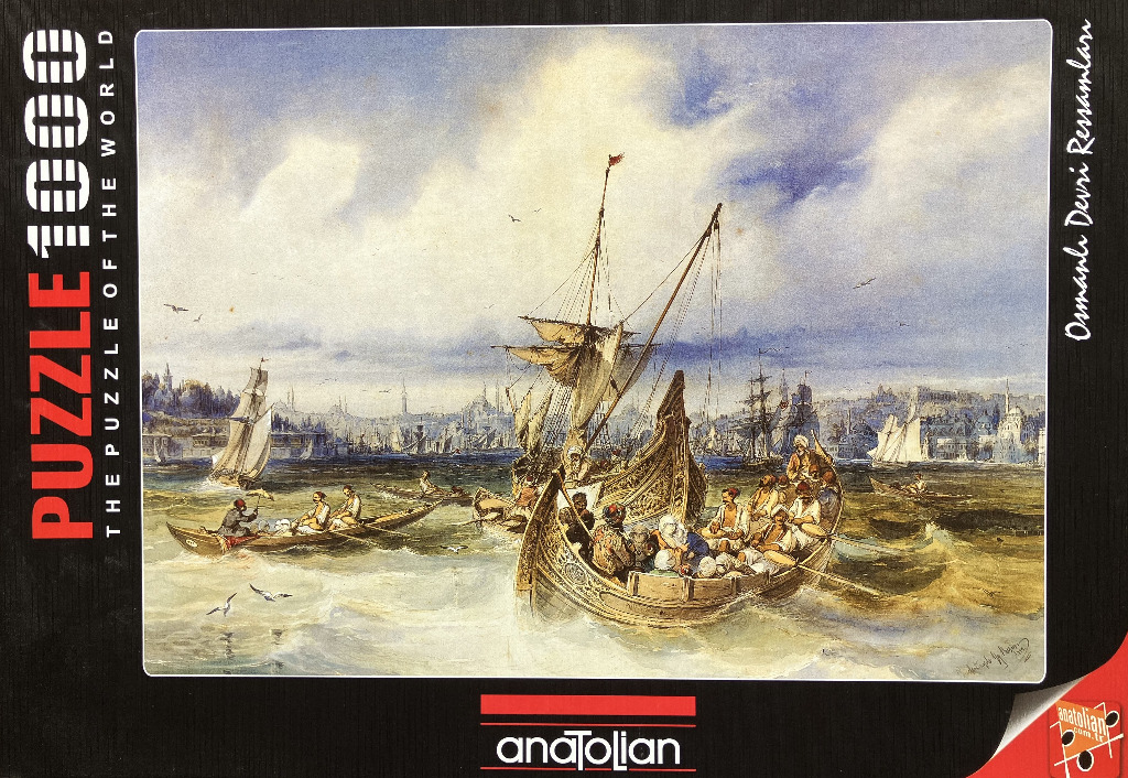 Painting of a busy harbor scene featuring traditional wooden boats on choppy water with a distant city skyline.