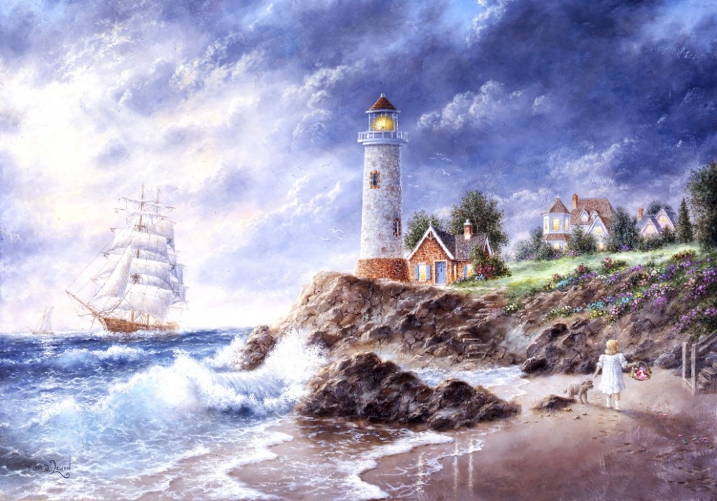 A lighthouse stands on a rocky cliff beside a small cottage as a tall ship sails past on turbulent seas.