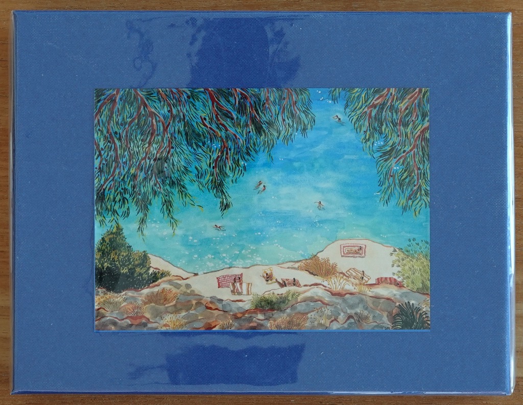 An impressionistic watercolor painting of a sunlit beach cove viewed from underneath overhanging tree branches.