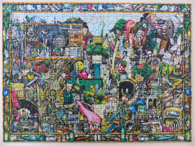 A dense, colorful illustration featuring a surreal collage of various objects, structures, and whimsical characters.