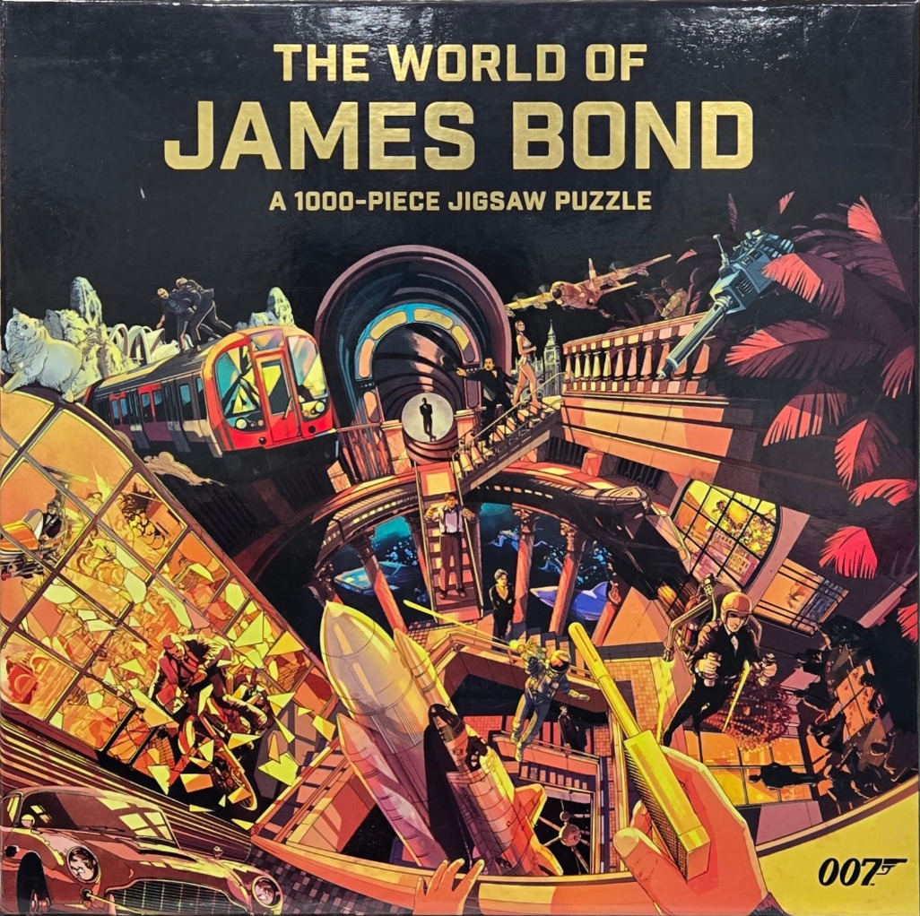 A montage of iconic James Bond film scenes depicted in a vibrant, stylized illustrated collage.