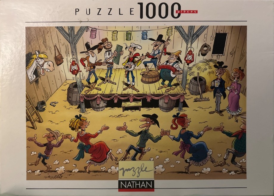 Cartoon scene of a barn dance featuring Lucky Luke characters playing music on a stage and people dancing.