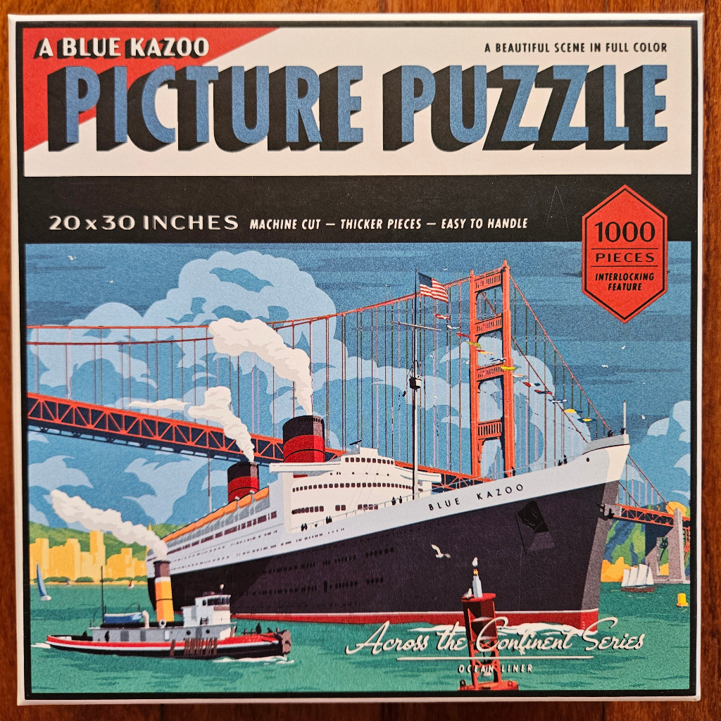Illustration of an ocean liner sailing under the Golden Gate Bridge