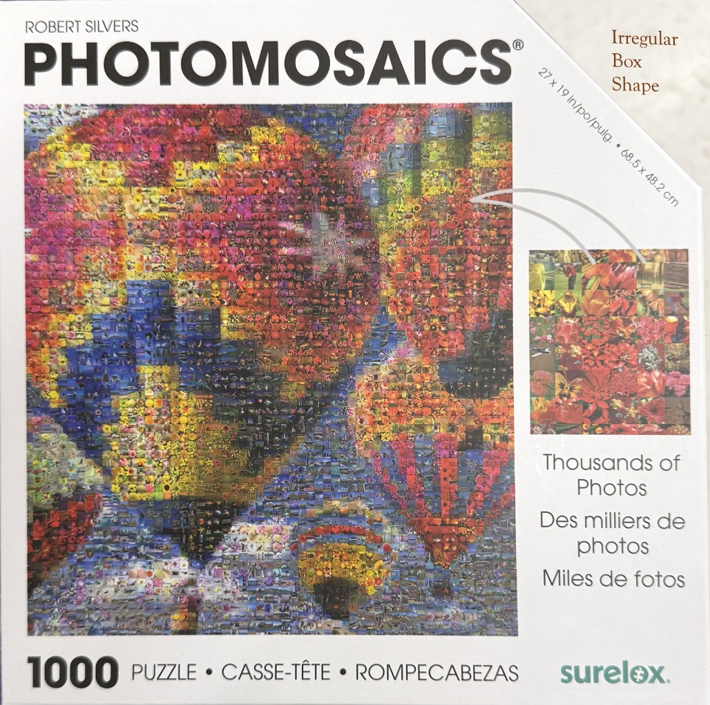 A photomosaic of a portrait of Vincent van Gogh made from hundreds of smaller flower and landscape photographs.
