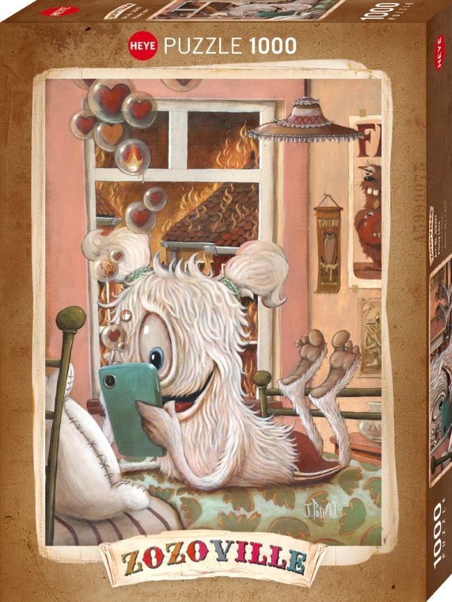 A whimsical illustration of a fuzzy white monster lying in bed, looking at a smartphone while a house burns outside.