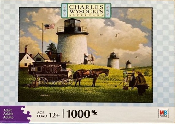 A folk art painting of a coastal scene with a lighthouse, a horse-drawn wagon, and artists painting on easels.