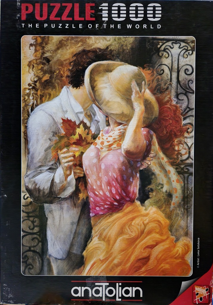 Romantic illustration of a couple embracing behind a large sun hat, surrounded by autumn leaves.