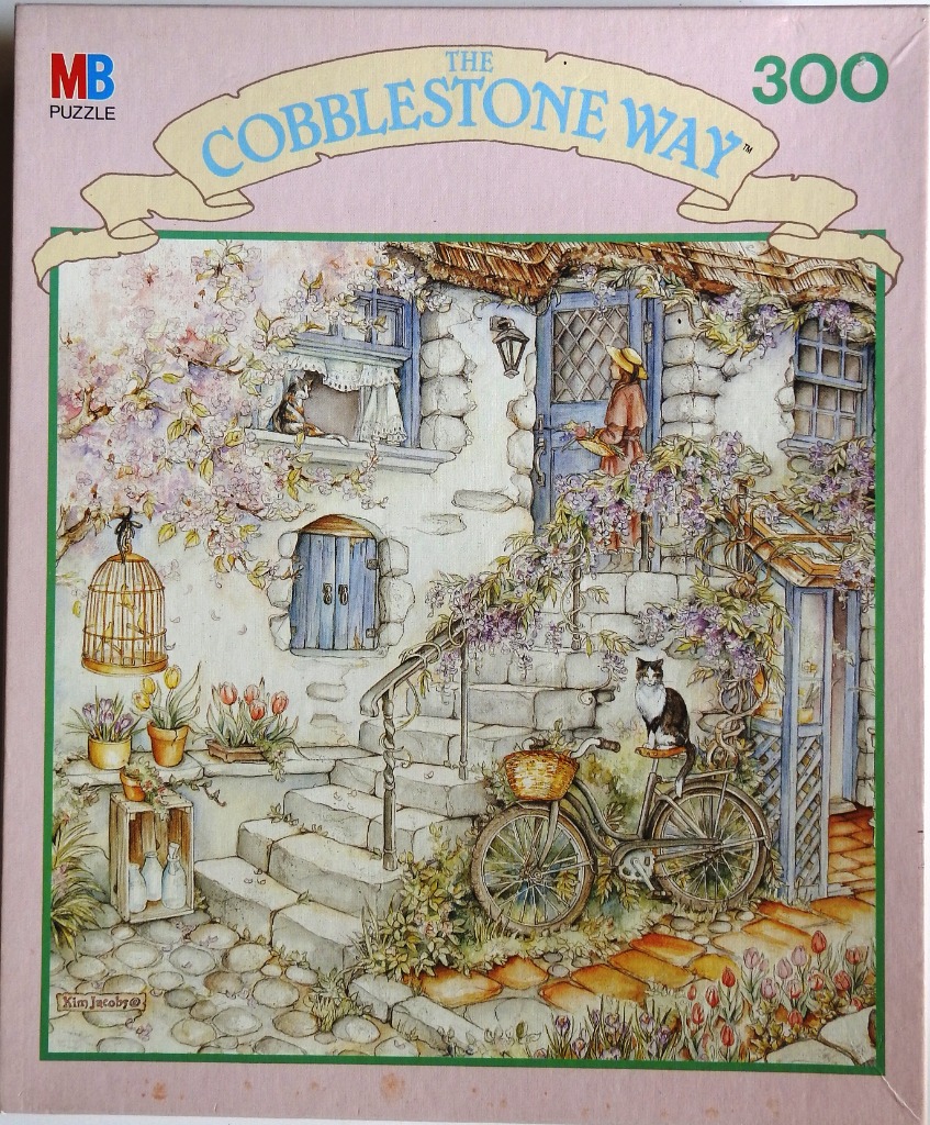 An illustration of a stone cottage entrance with a bicycle, cats, and climbing wisteria.