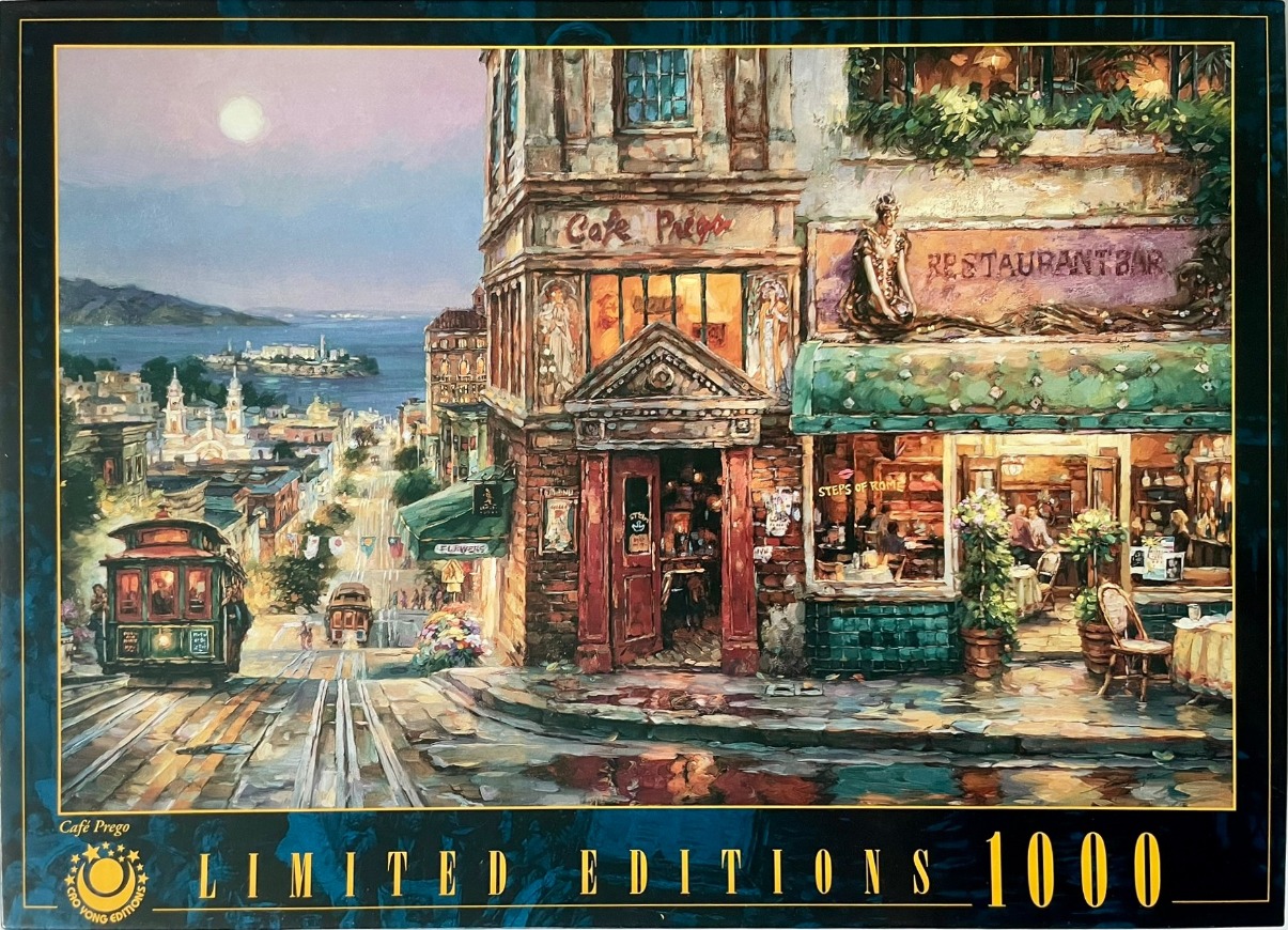 Impressionistic painting of a San Francisco street scene with a cable car, cafe, and bay view at twilight.