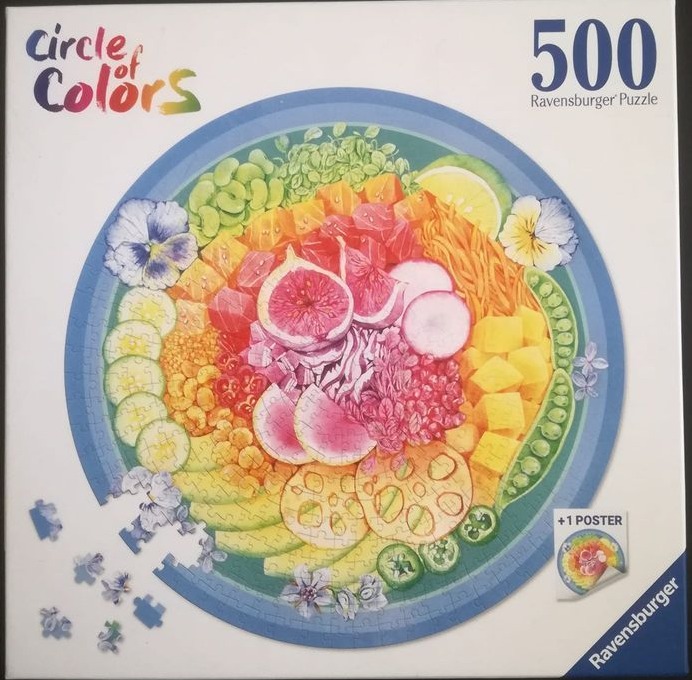 A top-down illustration of a vibrant circular salad featuring sliced figs, assorted vegetables, and edible flowers.