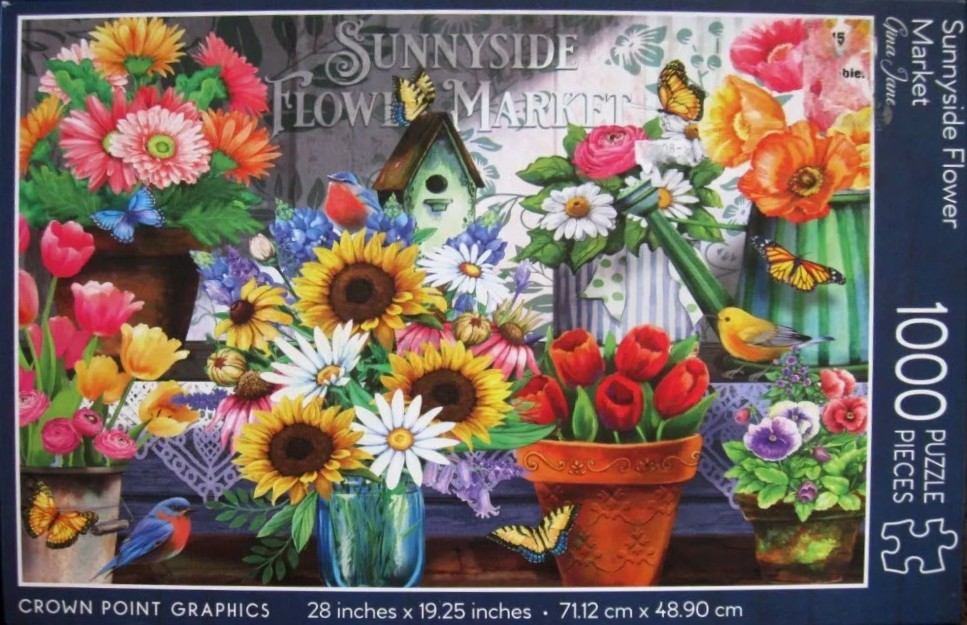 A collage of colourful spring flowers in various pots with butterflies and birds, titled Sunnyside Flower Market.