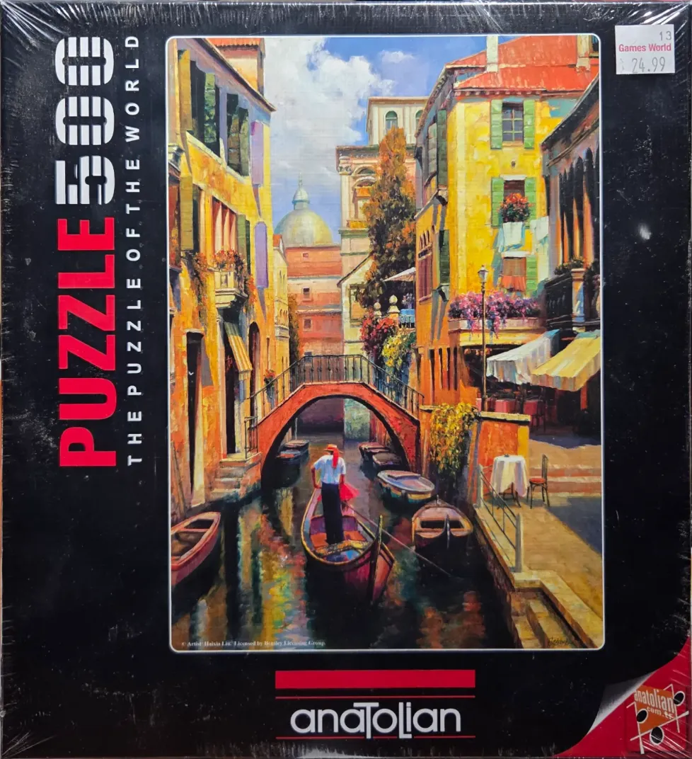 Oil painting of a gondolier navigating a canal in Venice, surrounded by historic yellow and terracotta buildings.