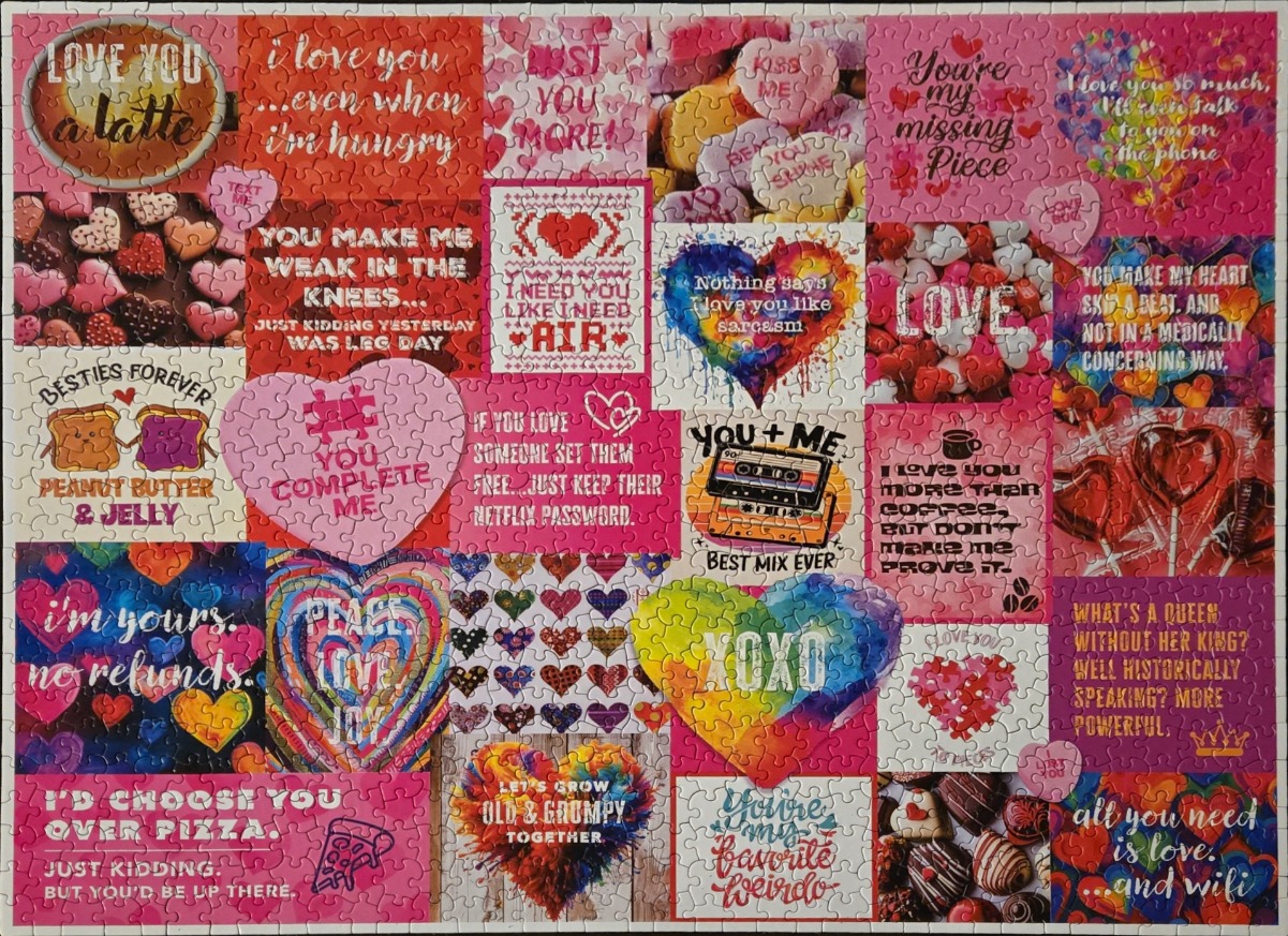 A collage of romantic and humorous themed art featuring hearts, candies, and witty quotes in a vibrant pink color palette.