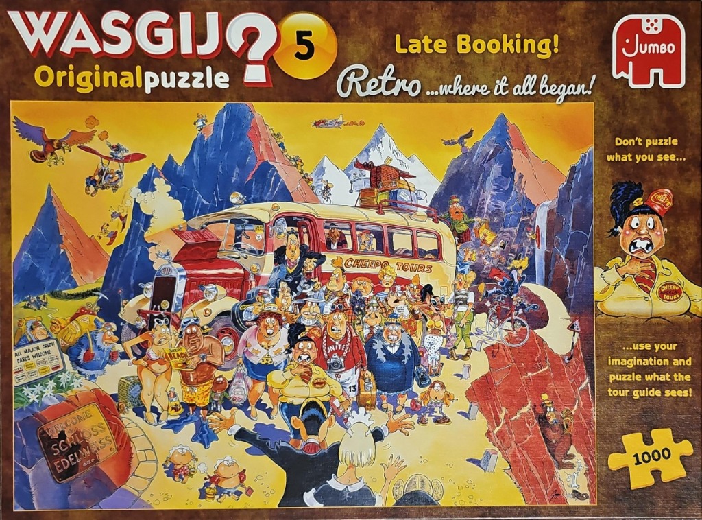 A chaotic cartoon illustration of a tour group at a mountain destination, featuring a breakdown of their tour bus.