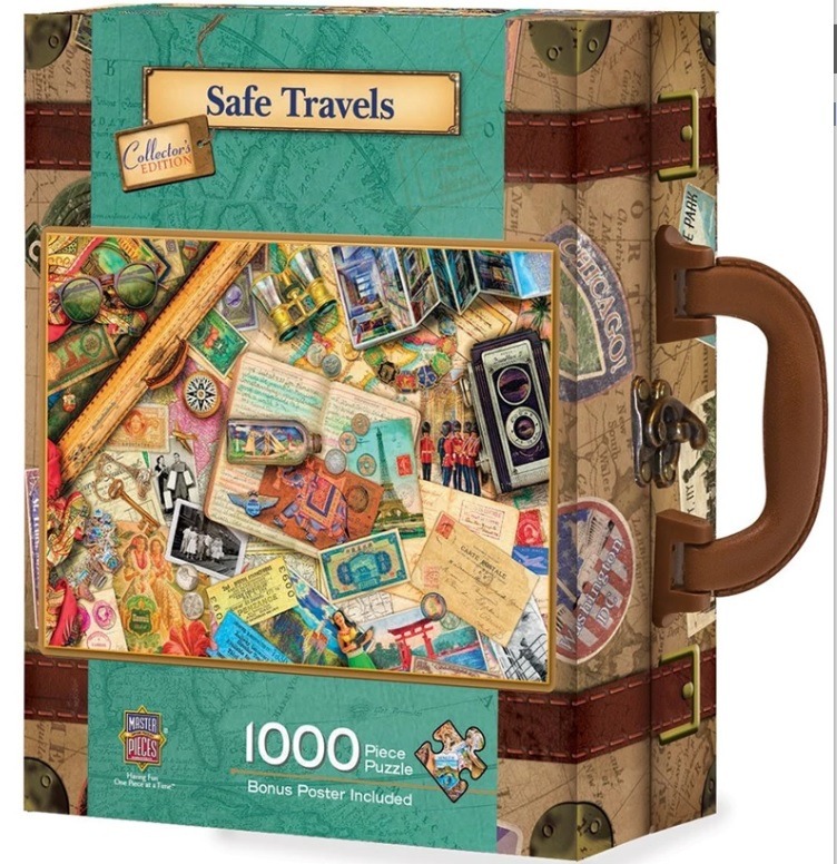 A collage of vintage travel ephemera including maps, postcards, a camera, and binoculars.