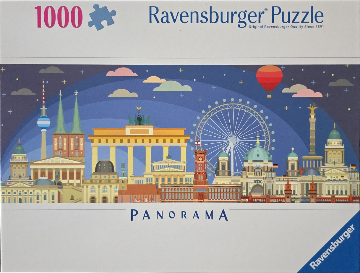 Stylized flat-vector illustration of the Berlin city skyline against a dark blue evening sky.