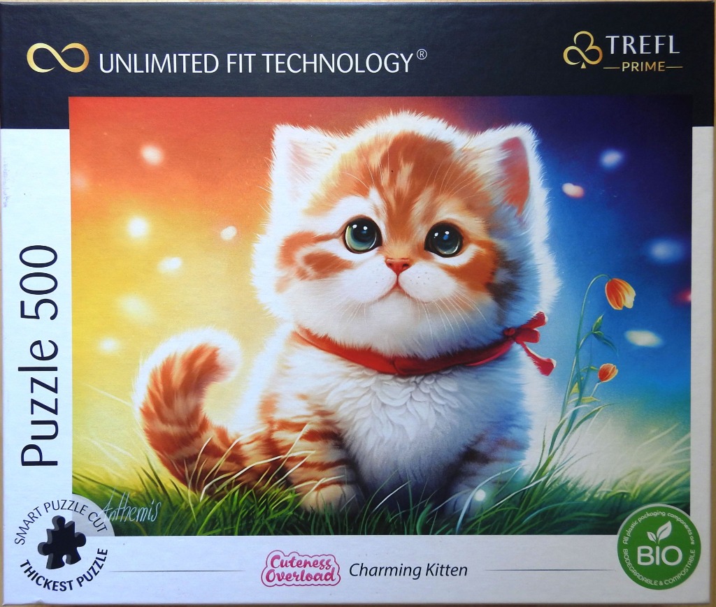 A whimsical illustration of a fluffy ginger and white kitten sitting in a grassy meadow at sunset.