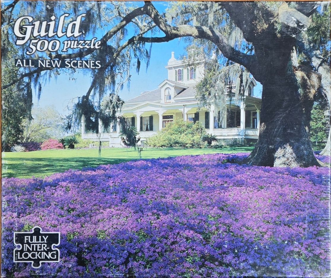 A stately white historic mansion surrounded by massive oak trees and a vibrant field of purple flowers.