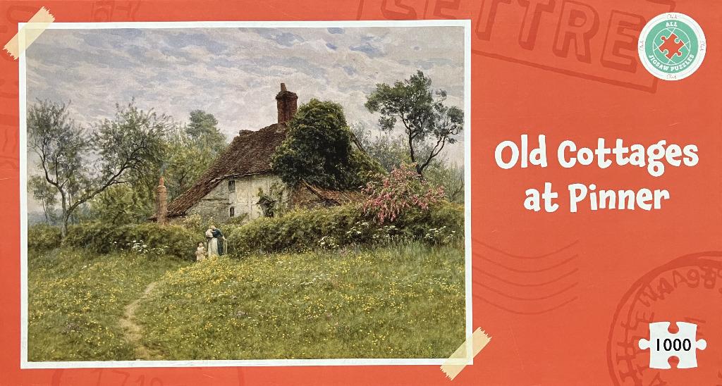 Impressionistic painting of an old, ivy-covered cottage in a meadow with two figures near a hedgerow.