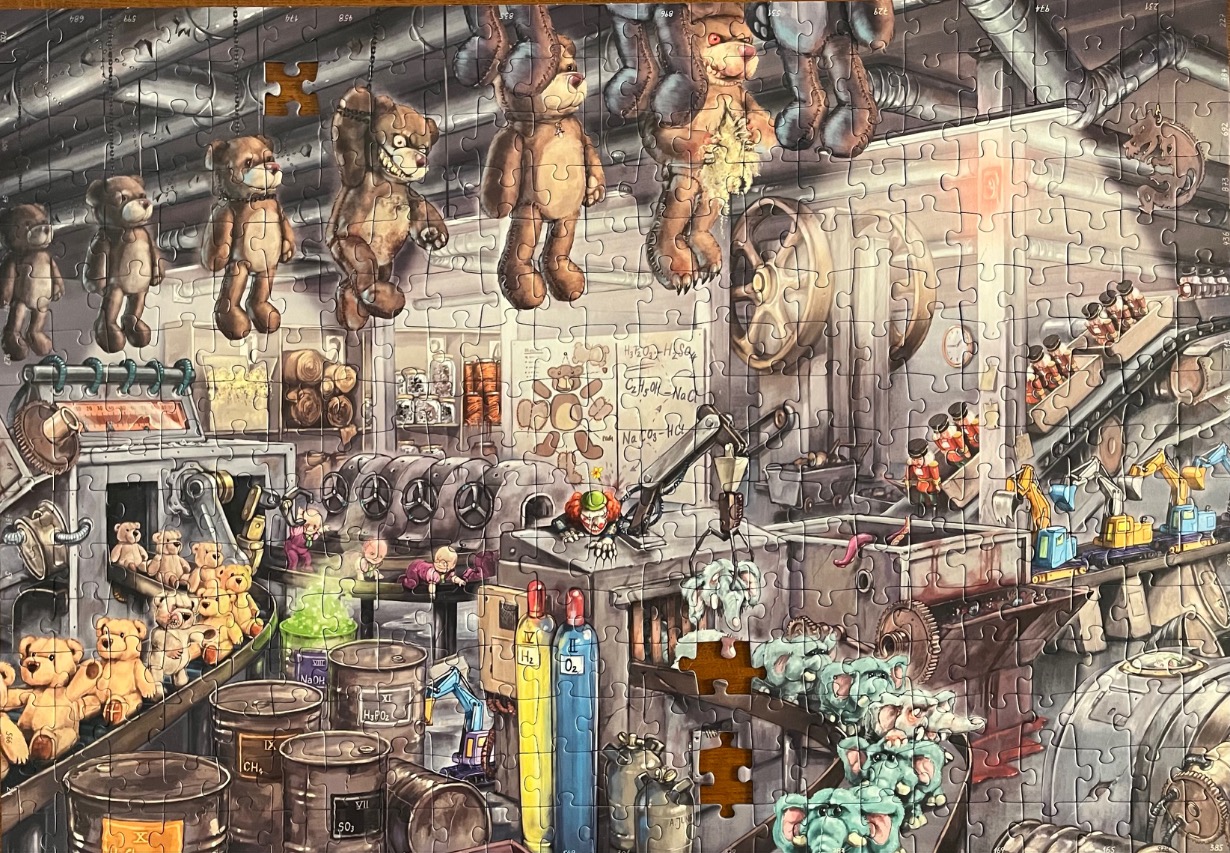 Whimsical teddy bear factory scene with robots, clowns, and elephant toys.
