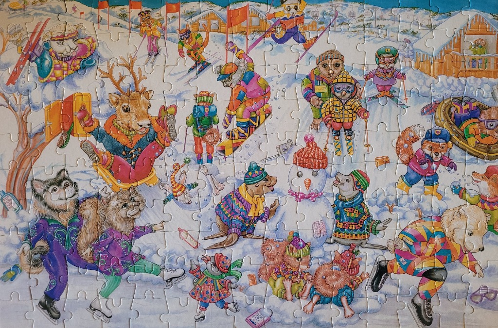 Whimsical illustration of anthropomorphic animals skiing, skating, and playing in a snowy mountain resort.
