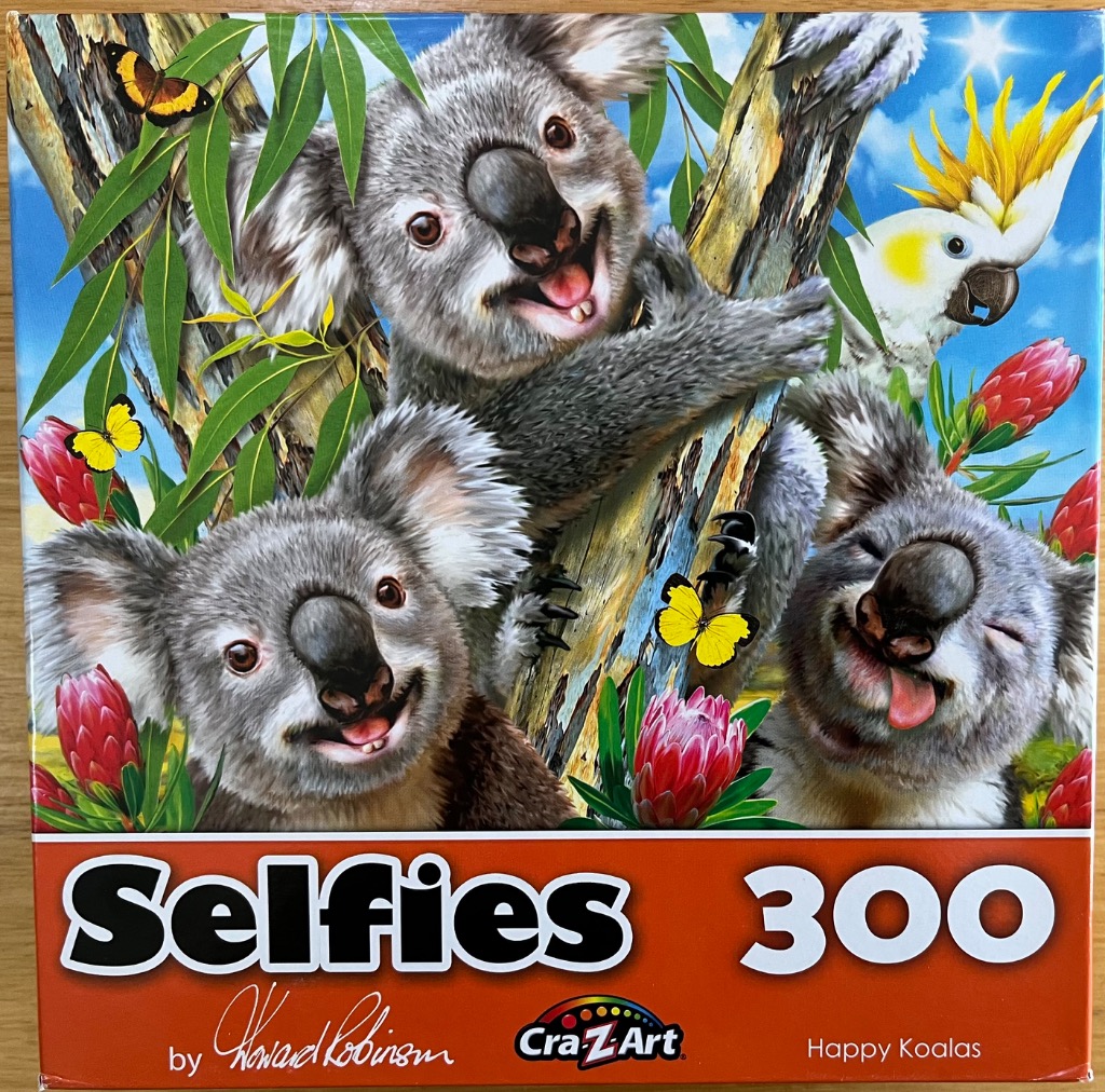Three cheerful koalas smiling at the camera in a vibrant, sunlit eucalyptus forest with colorful birds and flowers.