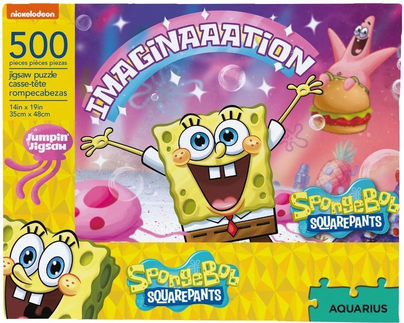 SpongeBob SquarePants and Patrick Star under a rainbow with the text IMAGINAAAATION