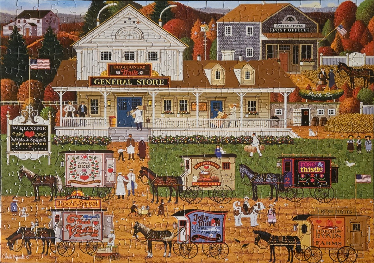 Folk art scene of a bustling 19th-century general store with horse-drawn vendor wagons in an autumn landscape.