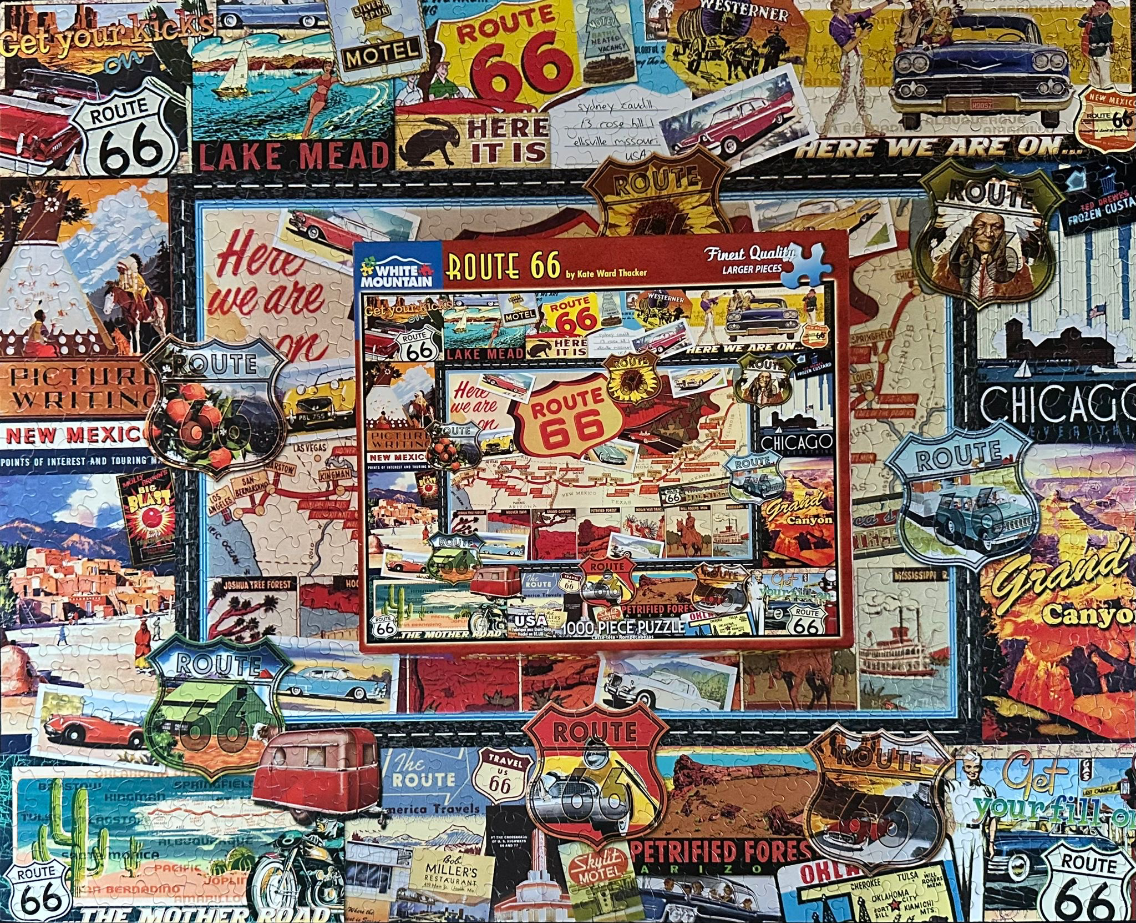 A collage of vintage Route 66 postcards, signs, and map imagery featuring classic cars and desert landscapes.
