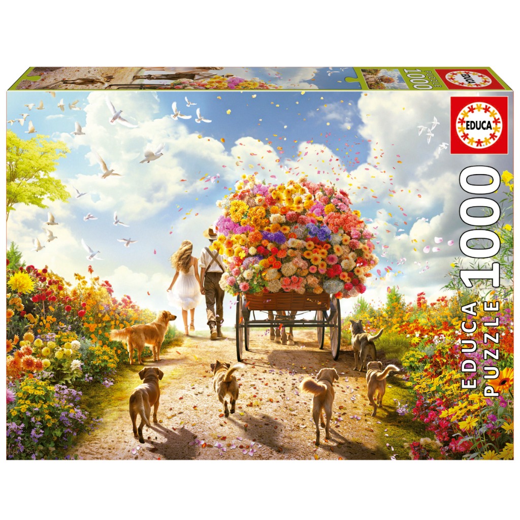 A girl and a man with a flower cart walk down a dirt path with four dogs, accompanied by flying white doves.