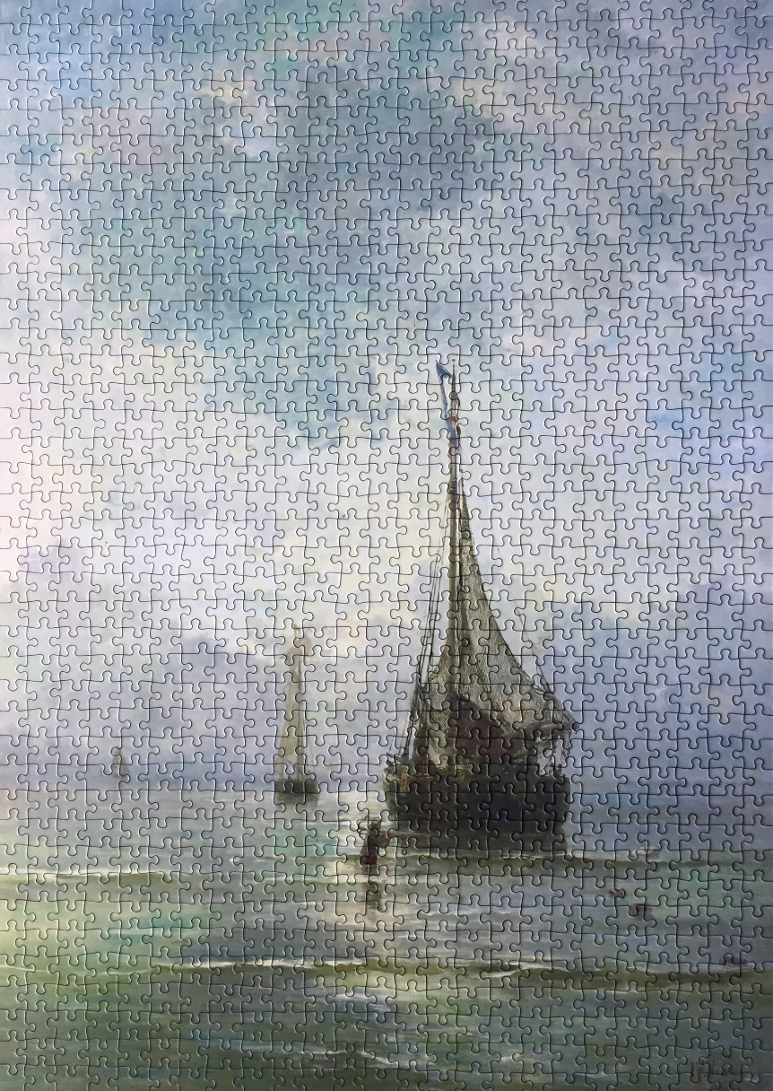 An oil painting of two sailboats at sea under a pale, hazy sky.