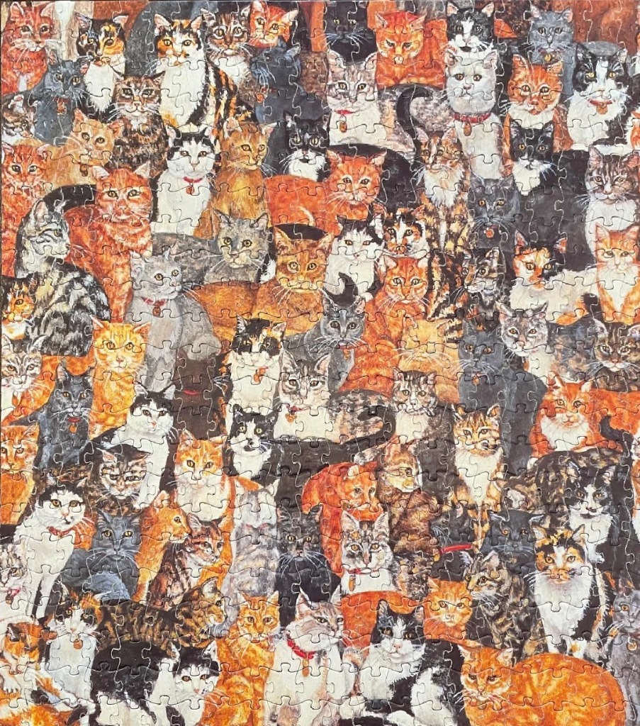 A dense illustration of dozens of domestic cats of various breeds, coat colours, and patterns crowded together.