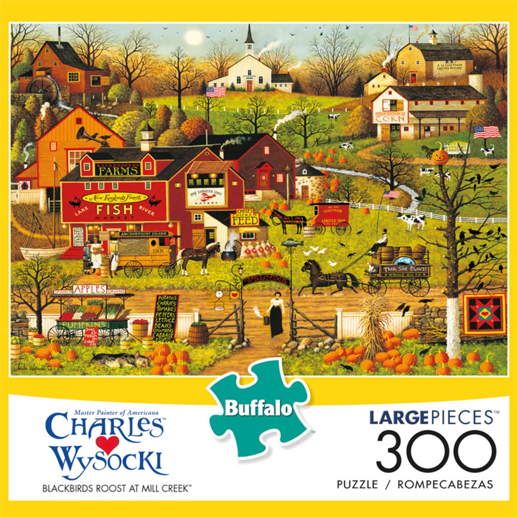 A charming folk art scene of a rural New England farm market with red barns, horses, pumpkins, and a quaint church.